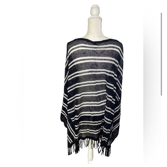 Zenergy Chico’s Rebekah Fringe Navy Striped Poncho Size Large XL - NWT - Picture 3 of 8